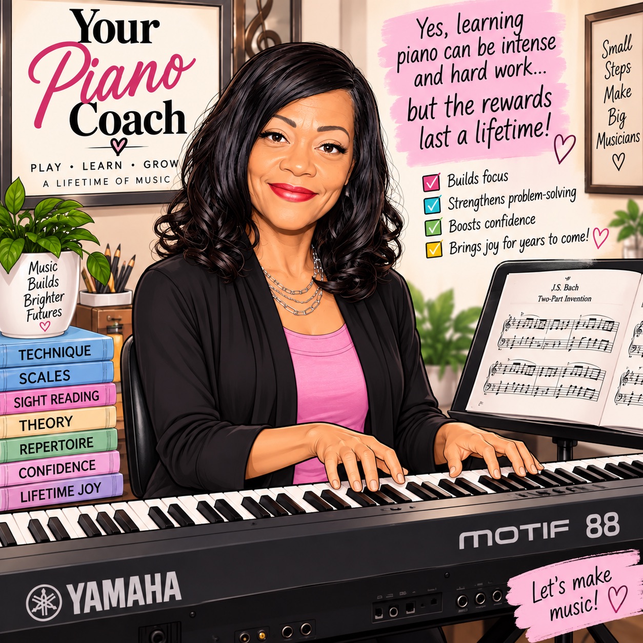 Illustration of Kim Demery, Your Piano Coach, seated at a piano